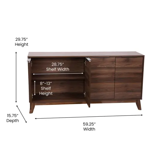 Emma and Oliver Beverly Mid-Century Modern Wooden Buffet with Soft Close Doors, Shelving and Sleek Tapered Legs with Protective Floor Glides Dark Walnut {5}