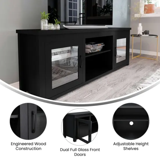 Merrick Lane Galena Traditional Full Glass Door 65" TV Stand for up to 80" TVs Black {3}
