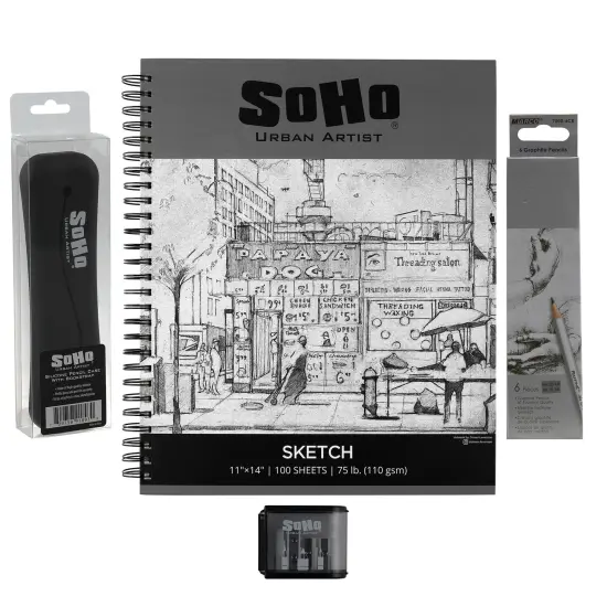 Jerry's Artarama Back to School Graphite Artist Sketch Bundle - Silicone Notebook Pencil Pouch, Raffine 6-Piece Graphite Pencil Set, 11x14" Spiral Bound 75 lb. Sketch Pad & 3-Hole Pencil Sharpener {1}