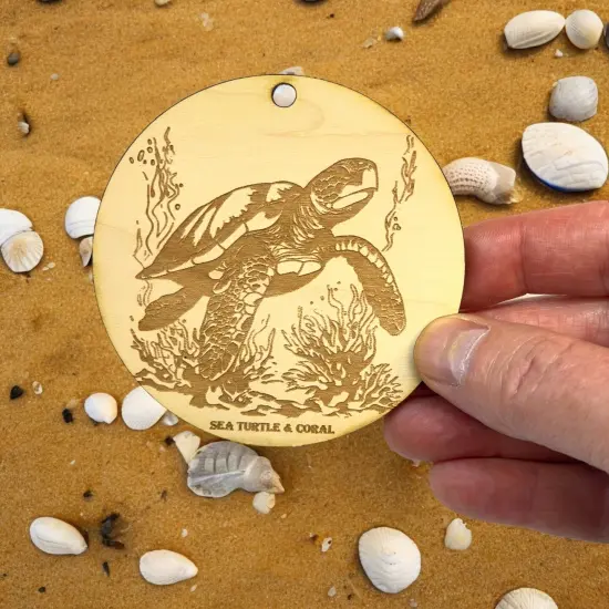 Ornament - Sea Turtle and Coral Raw Wood {5}