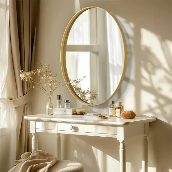 Brushed Gold Oval Mirror for Bathroom Vanity Antirust Aluminum Frame Wall Mirror {4}