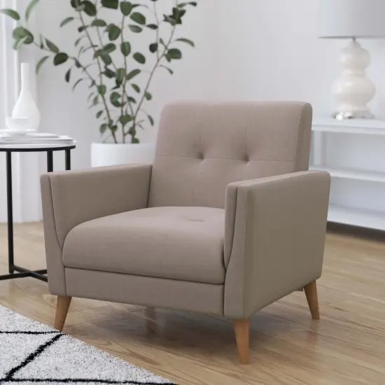 Merrick Lane Randolph Mid-Century Modern Armchair with Tufted Faux Linen Upholstery and Solid Wood Legs Taupe {1}