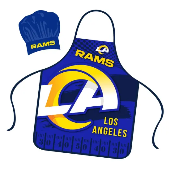 Mojo Licensing Los Angeles Rams Apron Chef Hat Set Full Color Universal Size Tie Back Grilling Tailgate BBQ Cooking Host {1}