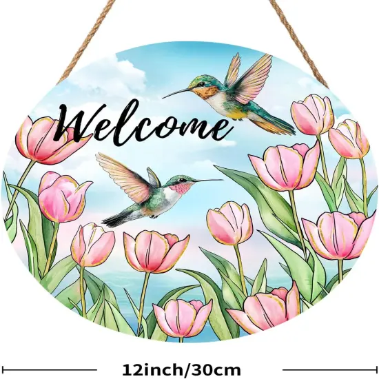Welcome Spring Summer Pink Tulip Flowers Door Sign For Front Door Decor,Hummingbird Birds Wooden Sign 12"x 12" Round Seasonal Hanging Door Sign Decoration for Rustic Decor {2}