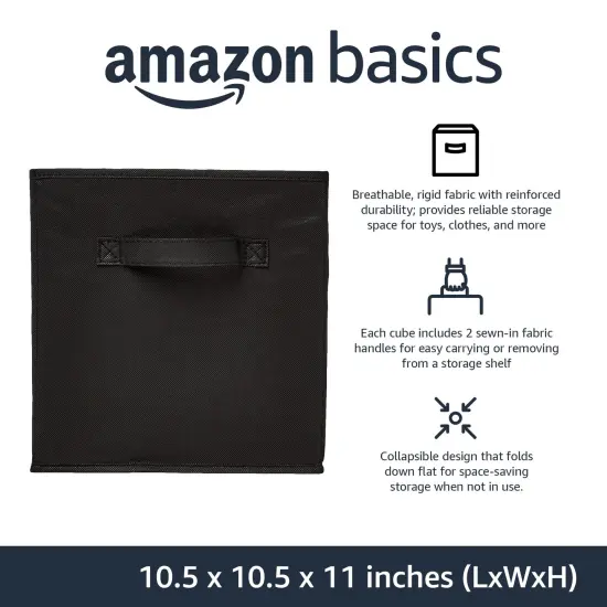 Amazon Basics Cube Organizer Storage Bins Handles, Collapsible Fabric, Pack of 6, 10.5"x10.5"x11", Black {6}