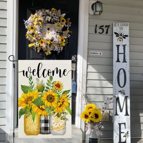 Summer Sunflower Garden Flag Mason Jar Double Sided 12x18 Inches Small Burlap Seasonal Welcome Yard Porch Decoration for Outside {3}