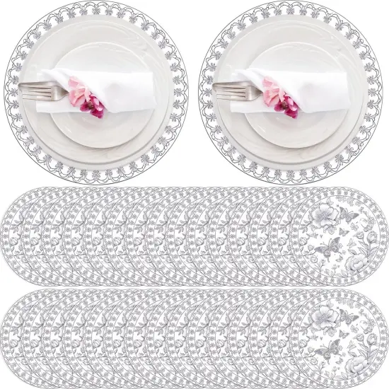 50 Pieces 13" Floral Place Mats, Disposable Round Retro Theme Placemats Nonslip Paper Table Mats for Dinner Wedding Party Decor {1}