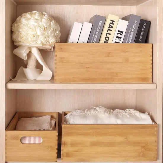 Set of 4 Nesting Wooden Crates for Storage, Bamboo Wood Storage Containers Bins, Handmade Natural Large Wooden Storage Boxes Baskets with Handles for Organizing Shelf Closet Cabinet {2}