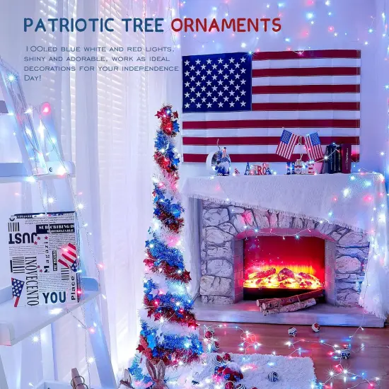 Red White and Blue Lights Clear Wire, 33 Ft 100 LED 4th of July Decorations String Lights Plug in, Waterproof Christmas Light for Independence Day Patriotic Memorial Day Indoor Outdoor Decor {5}