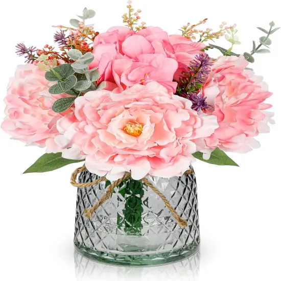Faux Flower Arrangements Artificial Peony Hydrangea Silk Flowers with Glass Vase Realistic Fake Potted Floral Bouquet {1}