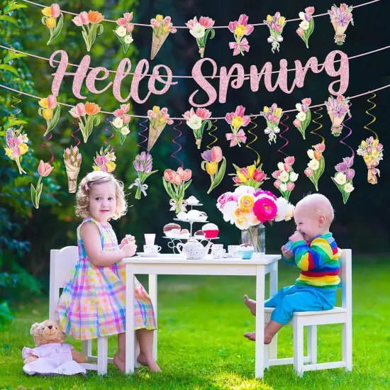 Spring Party Decorations, Hello Spring Hanging Swirls Sign Watercolor Tulip Flower Party Banner for Spring Summer Easter Baby Shower Home Office Classroom Decor {4}