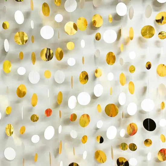 46 Ft White & Gold Circle Dot Garland &ndash; Hanging Paper Streamer for Weddings, Birthdays, Baby Showers & Parties {3}