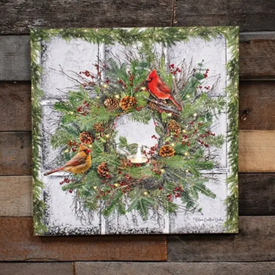 Snowy Cardinal Wreath Canvas Wall Art with Lights Winter Holiday Decor 18 Inch {2}
