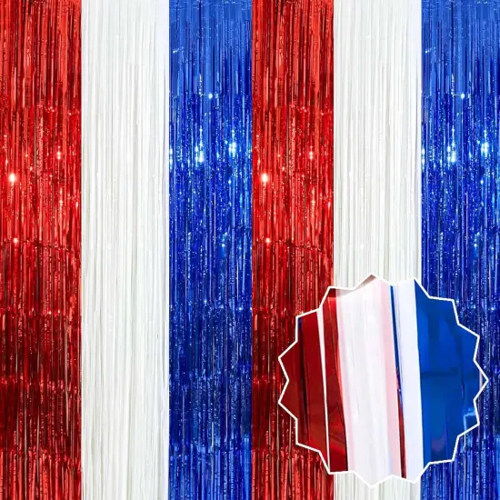 6 Pack White Blue Red Foil Fringe Curtains Backdrop, 3.28 x 8.2 Ft Metallic Streamers Tinsel Curtains Background for Photo Booth, Birthday, Weddings, Carnivals, Graduation, Themed Party Decorations {1}