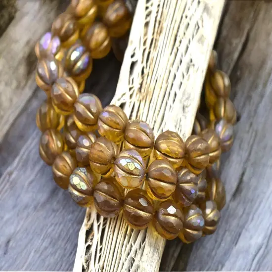 *20* 8mm Gold Washed Matte Root Beer Topaz AB Faceted Round Melon Beads {3}