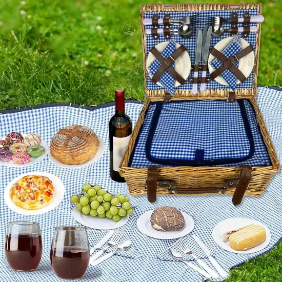 Picnic Basket Set, Wicker Basket with Handle for Outdoors, Insulated Woven Basket, Includes a Service Kit of Dinnerware & Wine Glasses, Picnic Basket Set for 4 with Blanket, Blue & White {5}