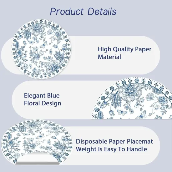 Paper Placemats Disposable 50 Pack Blue Floral Place Mats 13.7 Inch Chinoiserie Round Table Mats for Dinner Table Setting Birthday Wedding Party Supplies (Chinoiserie) {3}