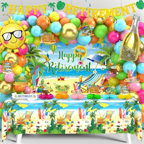 Summer Themed Happy Retirement Party Supplies with Hanging Swirl Honeycomb Centerpiece Banner Balloon Arch Kit for Tropical Hawaii Pool Retired Party Decor {1}