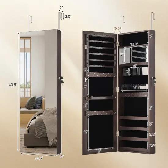 43.5 Inch Jewelry Mirror Cabinet with Full-length Mirror and Adjustable Hangers Dark Brown {5}