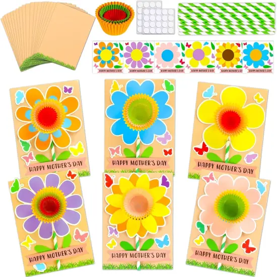 24 Sets Mother's Day Flower Card Craft Kit for Kids DIY Mother's Day Flowers Greeting Cards Happy Mother's Day Gifts Craft for Spring Mother's Day Flowers Craft Home Classroom Art Activities {1}