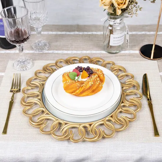 Gold Dinner Plates Set of 6, Mirror Chargers With Entwined Swirl Rim, Round Chargers for Table Setting, Wedding {3}