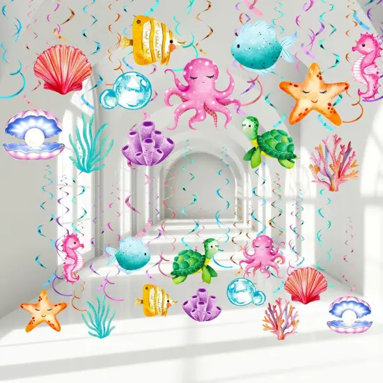 54 Pcs Under the Sea Swirls Decorations Tropical Fish Animals Hanging Banner Ocean Garlands Turtle Ceiling Streamers for Summer Birthday Wedding Baby Shower Supplies Party Decor {1}