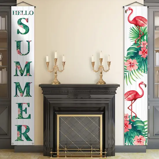 Hello Summer Porch Banner Flamingo Floral Summer Hawaii Themed Party Hanging Front Door Yard Indoor Outdoor Decoration {3}