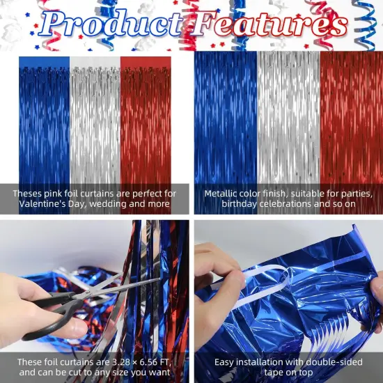 2 Pack 4th of July Party Supplies,3.28 Ft x 6.56 Ft 4th of July Tinsel Backdrop,Blue Silver Red Color Fringe Curtains Streamer Backdrop,4th of July Photo Backdrop Party Decorations {4}