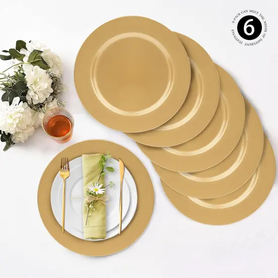 Gold Charger Plates, Set of 6, 13-Inch Round Plastic Plate Chargers for Dinner Plate, Table Setting, Elegant Wedding Decor {4}