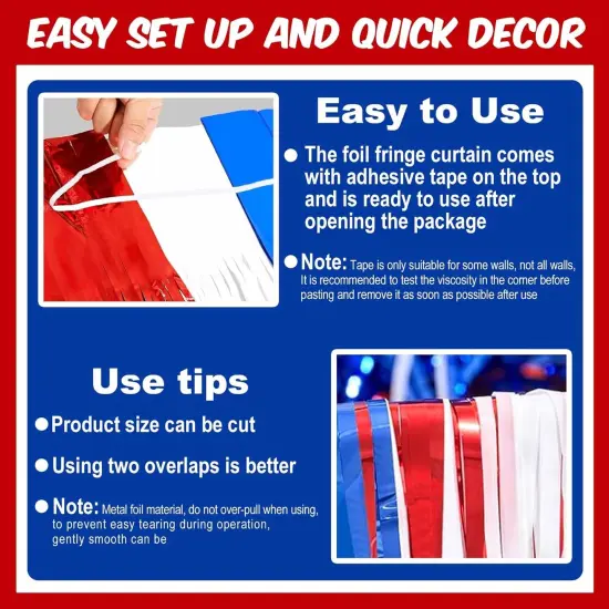 3 Pack White Blue Red Foil Fringe Curtains Backdrop, 3.28 x 8.2 Ft Metallic Streamers Tinsel Curtains Background for Photo Booth, Birthday, Halloween, Christmas, New Year Party Decorations {3}