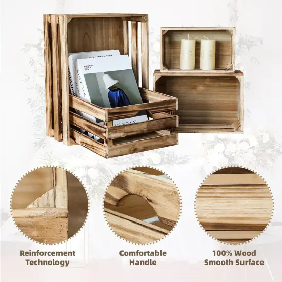 Set of 4 Large Torched Wood Decorative Storage Crates, Nesting Wooden Crates for Display Rustic, Farmhouse Wooden Storage Container Boxes Made from 100% Wood {4}