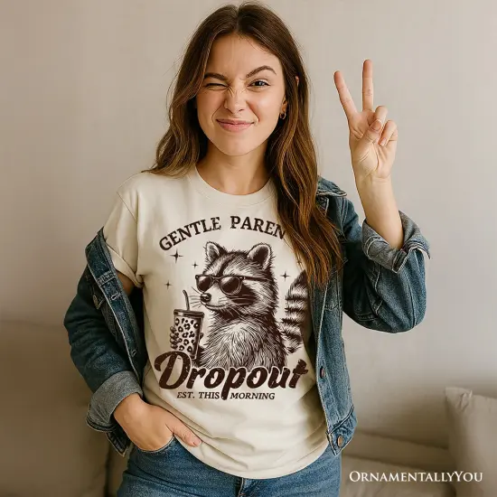 Gentle Parenting Dropout Raccoon T-Shirt, Tired Parent Humor Retro White and Natural Mom Tee {5}