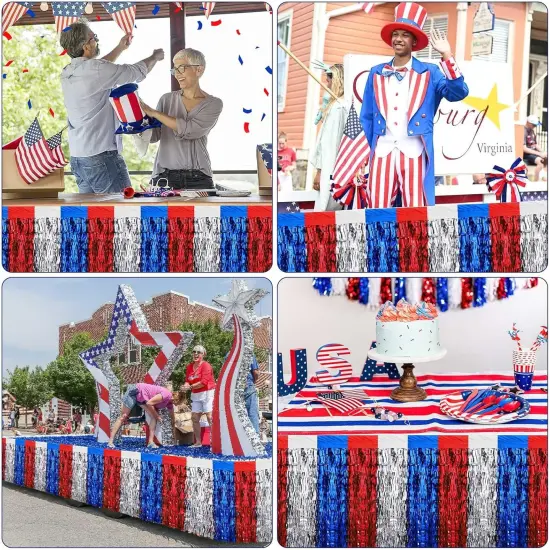4 Pack 4th of July Decorations, Metallic Foil Fringe Tinsel Table Skirts Patriotic Red White Blue Party Decorations Fourth of July Tablecloth for Independence Memorial Veterans Day {5}