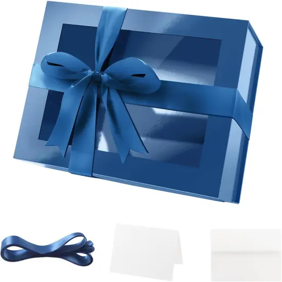 Blue Easter Gift Box with Window, 9x6.5x3.8 Inches, Clear Gift Box for Present Contains Ribbon, Card, Groomsman Proposal Boxes with Magnetic Lid (Glossy Blue) {5}