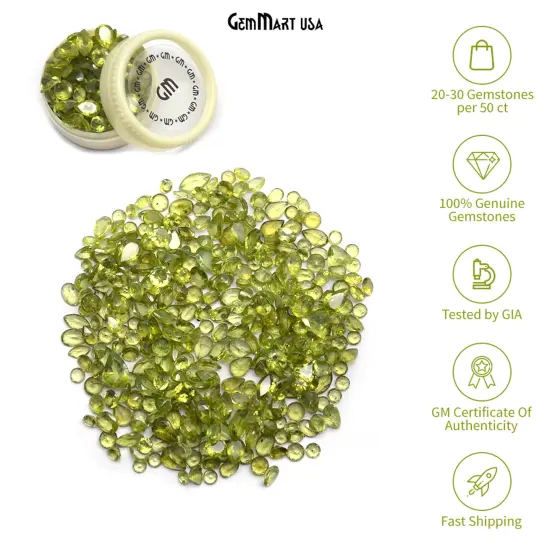 50 Carats Mixed Gems Natural Loose Gemstones | 100% Natural Loose Gemstones bulk| Grade A+ (natural inclusions) |Hand Cut and Polished | 20-30 pieces Gemstone Wholesale Lot by GM GemMartUSA Peridot {1}