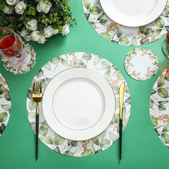 100 Pcs Eucalyptus Leaves Disposable Paper Place Mat Coaster Set Green Round Table Place Mat Paper {5}