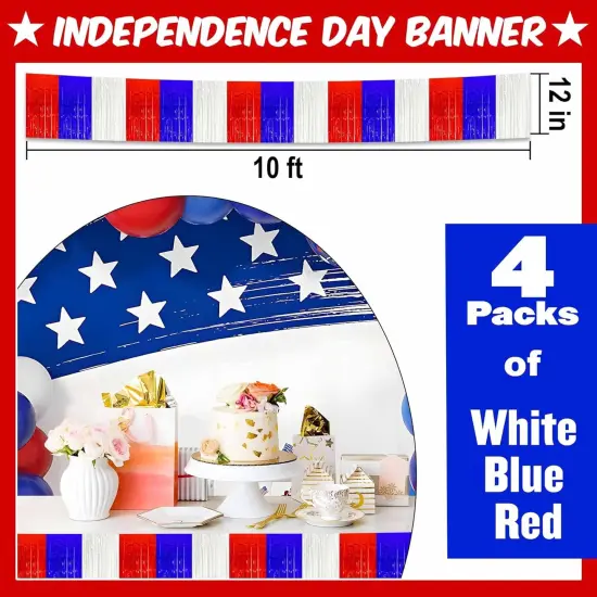 4 Pack 10 Ft White Blue Red Foil Fringe Garland Metallic Streamers Tinsel Banner Wall Hanging Garland Backdrop for Parade Floats, Halloween, Christmas, Thanksgiving, New Year Party Decorations {2}