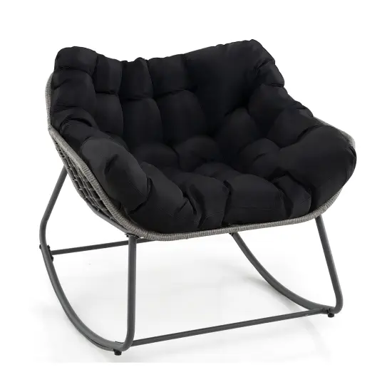 Rattan Metal Rocking Egg Chair with Cushion for Patio and Indoor Black {1}