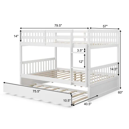 Wooden Full over Full Bunk Platform Wood Bed with Ladder and Trundle Perfect for Dorms Room White {5}