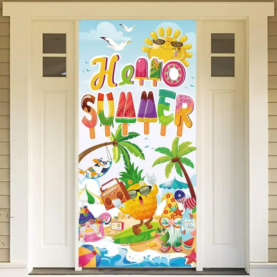 Hello Summer Door Cover Decorations 6x2.9 FT Tropical Beach Party Door Banner, Hawaiian Beach Summer Party Supplies Backdrop Banner for Tiki Beach Pool Birthday Party Indoor Outdoor {2}