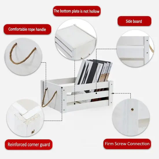 Farmhouse Crates for Storage and Display - Durable Wooden Box with Rope Handles, 2 Pack White Crates {2}
