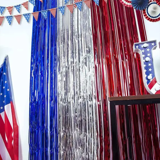 2 Pack 3.2ft x 9.8ft July 4th Patriotic American Flag Metallic Foil Fringe Curtain, Blue Red Silver Party Photo Booth Props Backdrop for Independence Day Decorations (Curtain-BlueRedSilver) {4}