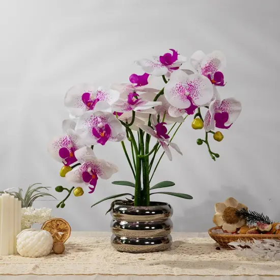 Artificial Orchids Flowers with Vase for Table Centerpieces, Floral Arrangements, Real Touch Faux White Orchid Phalaenopsis in Ceramic Vase for Home Wedding Kitchen Decoration (Silver Vase, White Purple) {2}