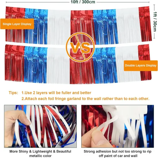 4 Pack 10 Feet Foil Fringe Garland Metallic Tinsel Streamers Banner Wall Hanging Fringe Backdrop Banner for Parade Floats Wedding Birthday Party Decoration (Royal Blue Red White) {3}