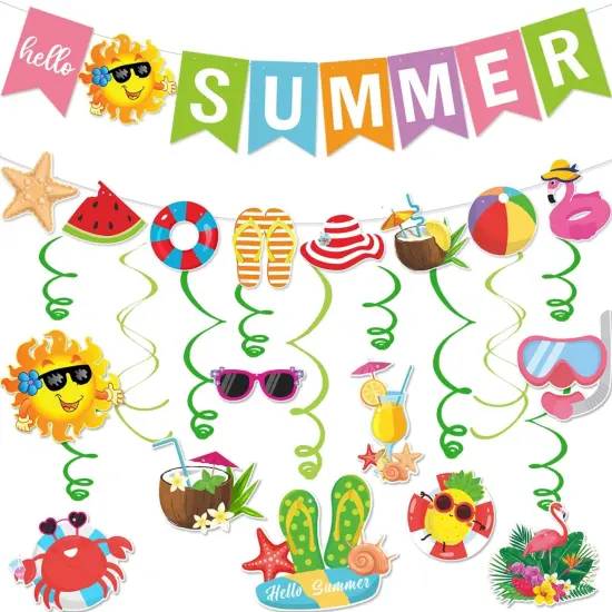 Summer Party Decorations Colorful Hello Summer Banner Summer Beach Pool Hanging Swirls Summer Vacation Garland Pool Summer Holiday Beach Party Decorations Supplies {1}