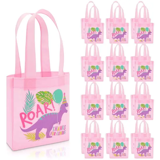 Dinosaur Birthday Party Favor Bags, Small Pink Totes (24 Pack) {1}