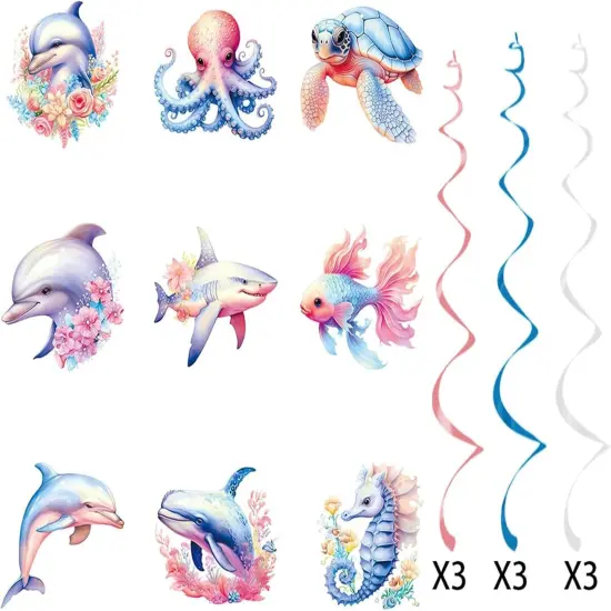 18 Pieces Ocean Animals Hanging Swirl Summer Decorations, Under The Sea Party Decor Marine Life Party Swirls Streamers {2}