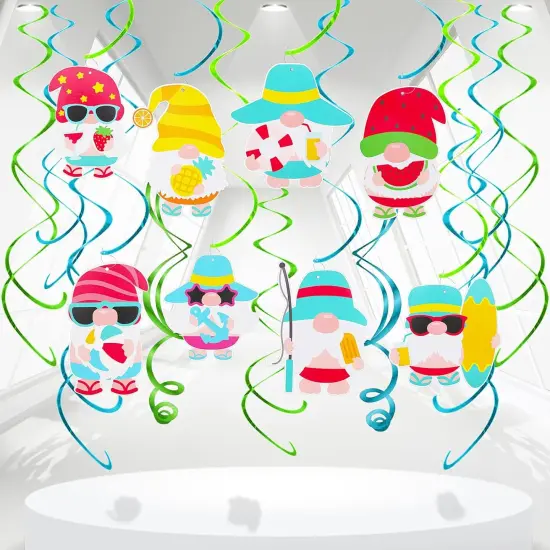 16 Pieces Gnomes Summer Hanging Swirls, Hawaii Birthday Party Hanging Swirl Decorations Beach Gnome Party Supplies Ceiling Gnome Ornaments Hanging Swirl for Beach Gnome Birthday Party Decorations {1}