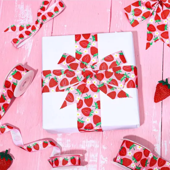 3 Roll Strawberry Grosgrain Ribbon Summer Fruit Ribbon for Wreath Bow Craft Gift Wrap Party Decor, 15 Yards {4}