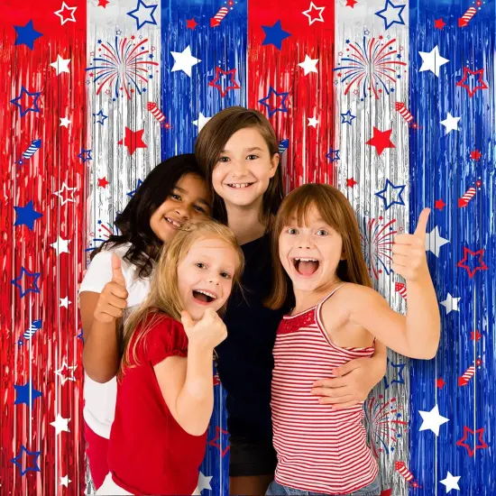 4th of July Party Decorations Red White Blue Foil Fringe Curtains, 2 Pack 3.3 x 6.6 FT Star Firework Patriotic Decor Fourth of July Photo Backdrop Streamers for Memorial Day Independence Day Labor Day {3}